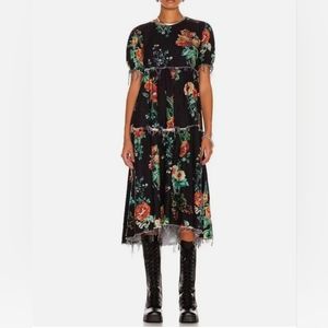 R13 relaxed midi dress cotton gauze floral print distressed Large